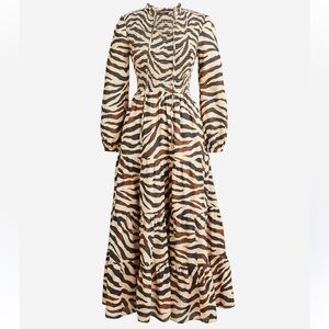 J. Crew Smocked Long Sleeve Midi Dress in Zebra Stripe Sz XS
